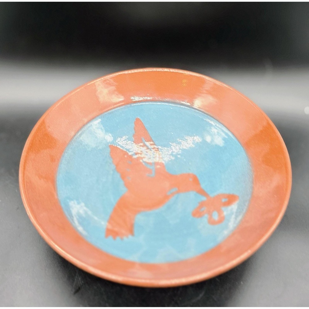Vintage Studio Art Pottery Terracotta Bowl Bird Hummingbird 8.75" Signed